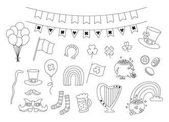 St Patricks Day vector doodles set. Cute doodles of leprechaun stuff, pot of gold, clovers and shamrocks, rainbow and festive elements. Patrick Day March 17 isolated black objects on white background