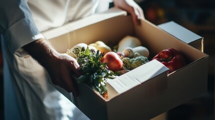 Chef selects fresh produce for rustic farm to table restaurant in warm inviting atmosphere amidst morning deliveries