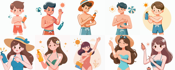 vector set of a person applying sun block in summer