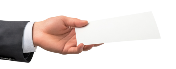 Businessman's hand holding a blank white card, isolated on transparent cutout background