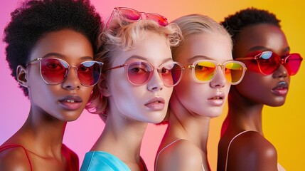 Group of diverse women wearing colorful sunglasses, standing against a vibrant gradient background, stylish and trendy, modern summer fashion, high-fashion editorial, bold and confident beauty concept