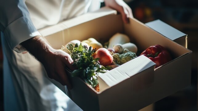 Chef selects fresh produce for rustic farm to table restaurant in warm inviting atmosphere amidst morning deliveries