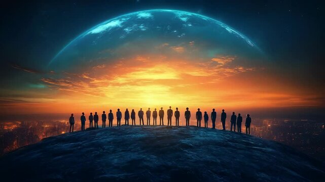 People silhouettes against big city skyline, with abstract Earth shape in sunset sky, with copy space. Concept of world population growth and urbanization