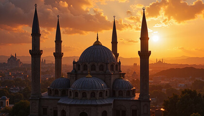 Fototapeta premium Magnificent mosque dome reflecting sunset, serene architecture