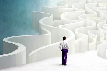 A person stands before a maze-like white path, symbolizing choices and direction in life.