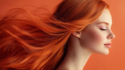 Fototapeta premium A young woman stands gracefully with her eyes closed, showcasing her stunning red hair as it flows gently against a warm orange background