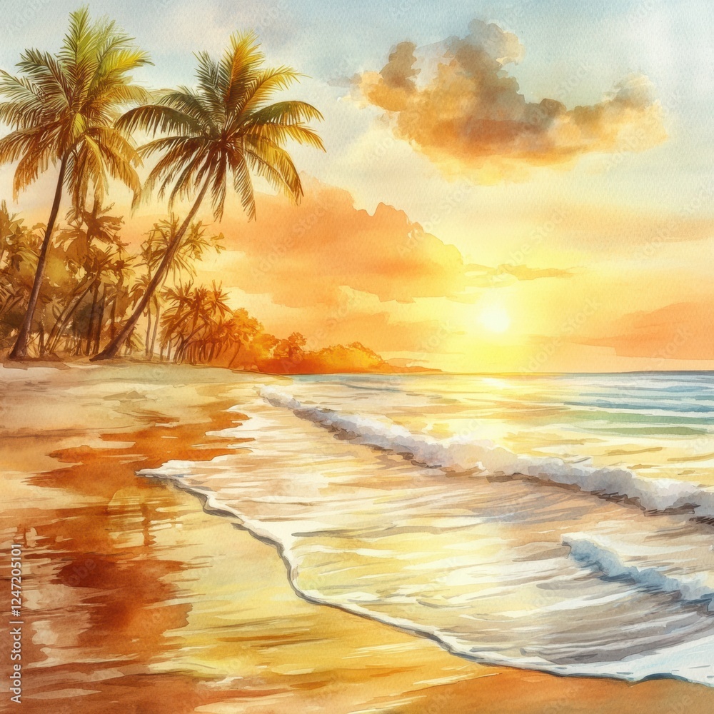 Aufkleber sunset over a tranquil beach with palm trees and gentle waves in a watercolor illustration. generati