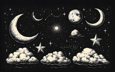 Naklejka premium Night sky celestial hand-drawn elements design