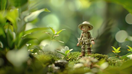 miniature green garden with a farmer miniors man