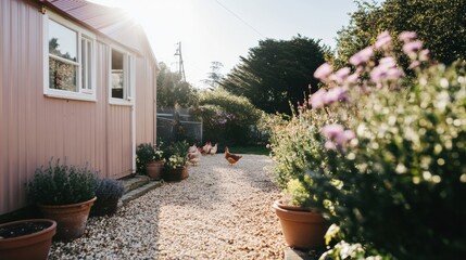 Fototapeta premium Free range chickens exploring a sunny yard near vibrant flowers and a cozy coop