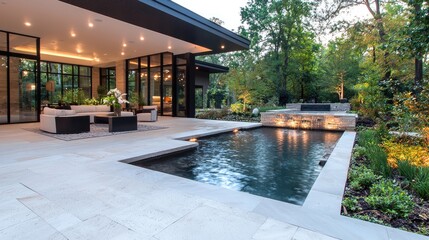 Obraz premium Modern patio poolside relaxation, evening, wooded backyard
