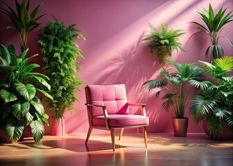 Fototapeta premium Surreal Pink Chair, Plant, Wall AI Art