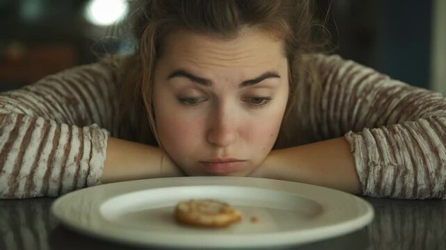 Sad overweight woman sitting at table, looking at empty plate with small cheese pancake, restricting food intake. Concept of unhealthy diet restrictions and eating disorders
