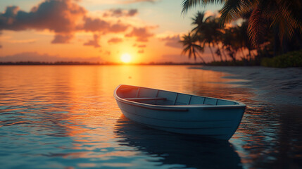 Fototapeta premium A tranquil coastal sunset with a boat drifting near majestic palm trees on a quiet beach, evoking peace and harmony in nature's beauty, with an empty space for captioning