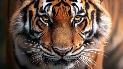 Fototapeta premium Front View Tiger Fur Skin Texture with Stripes - Close view of majestic tiger showcasing its striking fur pattern and piercing eyes symbolizing strength, ferocity, beauty, nature, and wildlife.