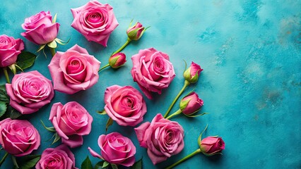 Surreal Pink Roses on Blue, Valentine's Day Flat Lay