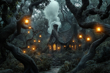 Enchanted cottage surrounded by ancient trees and glowing lanterns in a mystical forest at twilight