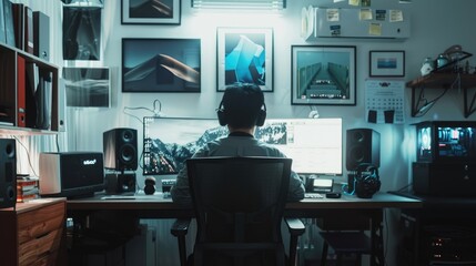 A focused professional examines complex code and data across several screens in a modern workplace