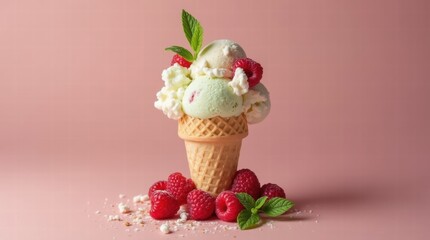 Ice cream cone, raspberry, mint