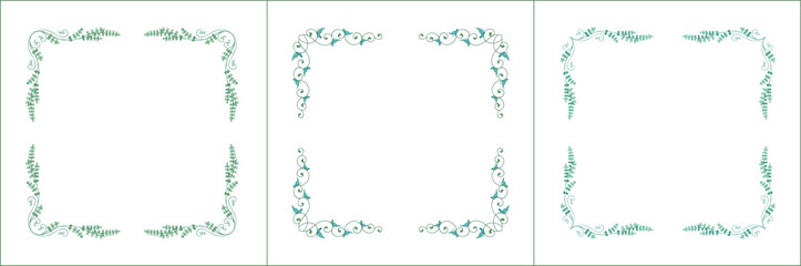 Set of three elegant green vegetal ornamental frames with leaves and butterflies, decorative border. Isolated vector illustration. Floral frame.
