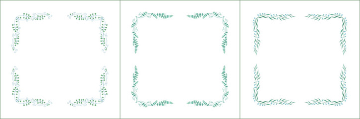 Set of three elegant green vegetal ornamental frames with leaves, decorative border. Isolated vector illustration. Floral frame.
