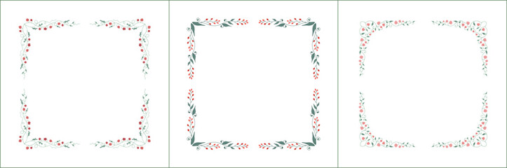 Set of three elegant green vegetal ornamental frames with pink and red flowers, bluebells, decorative border. Isolated vector illustration. Floral frame.
