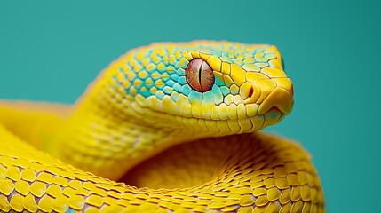 Fototapeta premium Vibrant Yellow Snake Coiled in Spiral with Striking Blue and Yellow Scales