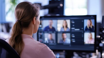 Remote Collaboration: A woman participates in a video conference, engaging in a virtual meeting with her colleagues on a large desktop monitor.