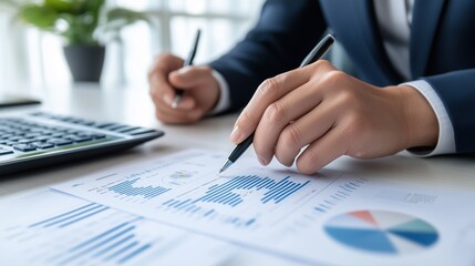 Financial Analyst at Work: Close-up shot of a businessman's hands meticulously reviewing financial documents, charts, and graphs.
