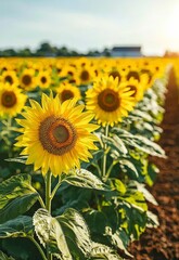 Fototapeta premium Vibrant Sunflower Field Winding Through Scenic Landscape at Golden Hour Light