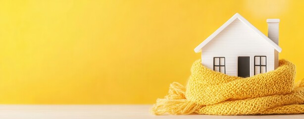 Home in a knitted scarf on a yellow background, Concept of the heating system in a winterized house. keeping warm in the house. House insulation	