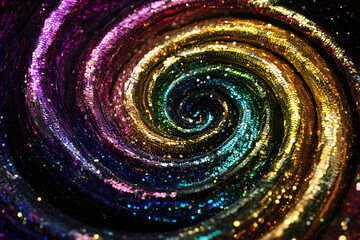 a swirling vortex of iridescent sequins with brilliant hues radiating against a dark background. the dynamic composition and glowing reflections give a sense of motion and depth, perfect for luxury ma
