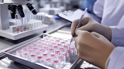 Laboratory technician in gloves handling pipette over tray of test tubes with red liquid, focusing on scientific research and analysis under a microscope in a modern lab setting