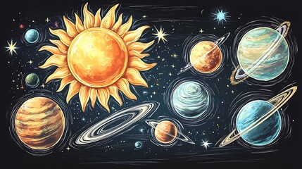 Whimsical Cosmic Chalk Art on Blackboard