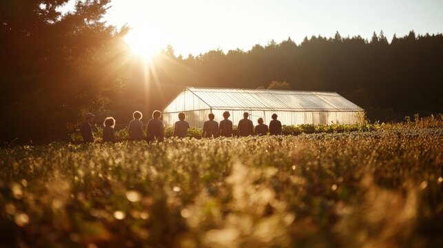 Teenagers participate in an outdoor farming class to learn vegetable harvesting techniques alongside an experienced instructor with a greenhouse in the background