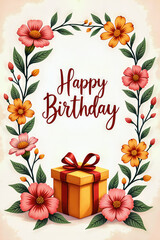 Obraz premium Happy Birthday card with floral border and gift box, featuring pink and orange flowers.