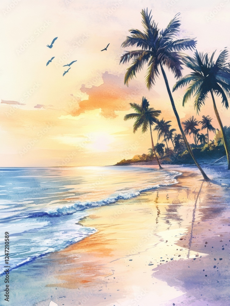 Poster Tranquil sunset over a serene beach with palm trees and gentle waves at twilight. Generative AI