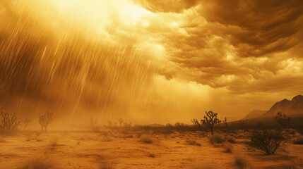 Naklejka premium A desert rainstorm rolls in over Joshua trees in the Mojave, blending rain and sand in a dramatic scene