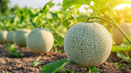 A peaceful agricultural melon plantation at sunset with a blurred background, symbolizing growth, abundance, and nature's cycle. The image offers space for captions with a modern, bright tone