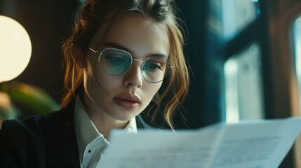 A woman reading a document intently, wearing glasses and appearing absorbed in thought while seated near a window with natural light.