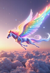 Fototapeta premium Mystical Pegasus soaring through clouds at twilight, magical wonder
