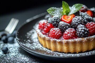 An elegant dessert showcases a tart filled with vibrant berries, lightly dusted with powdered sugar. Perfectly arranged, this treat enhances any dining experience