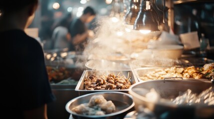 Colorful food stalls bustling at night market with vendors preparing fresh dishes under warm ambient lighting