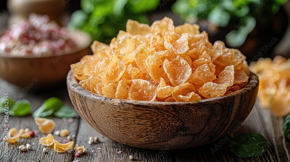 Wall mural A wooden bowl filled with crispy orange snacks on a rustic table.