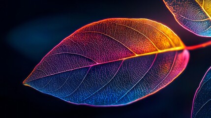 Tropical leaves with striking neon hues stand out dramatically against a dark backdrop, showcasing nature's artistry. Perfect for adding a touch of vibrancy to any project