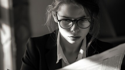 A woman reading a document intently, wearing glasses and appearing absorbed in thought while seated near a window with natural light.