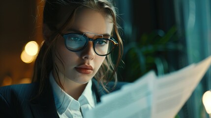 A woman reading a document intently, wearing glasses and appearing absorbed in thought while seated near a window with natural light.