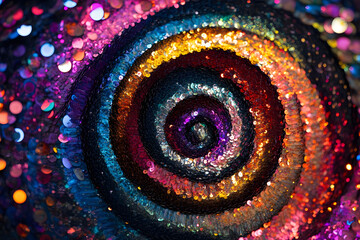 a dynamic spiral of shimmering sequins in a variety of vivid colors set against a dark, dramatic background. the abstract swirling motion and glowing reflections make this ideal for high-end visual ma