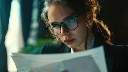 A woman reading a document intently, wearing glasses and appearing absorbed in thought while seated near a window with natural light.