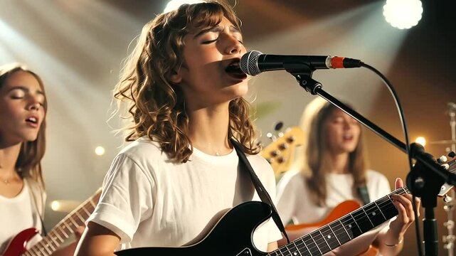 Teenagers Leading Worship with Guitars and Singing Passionately